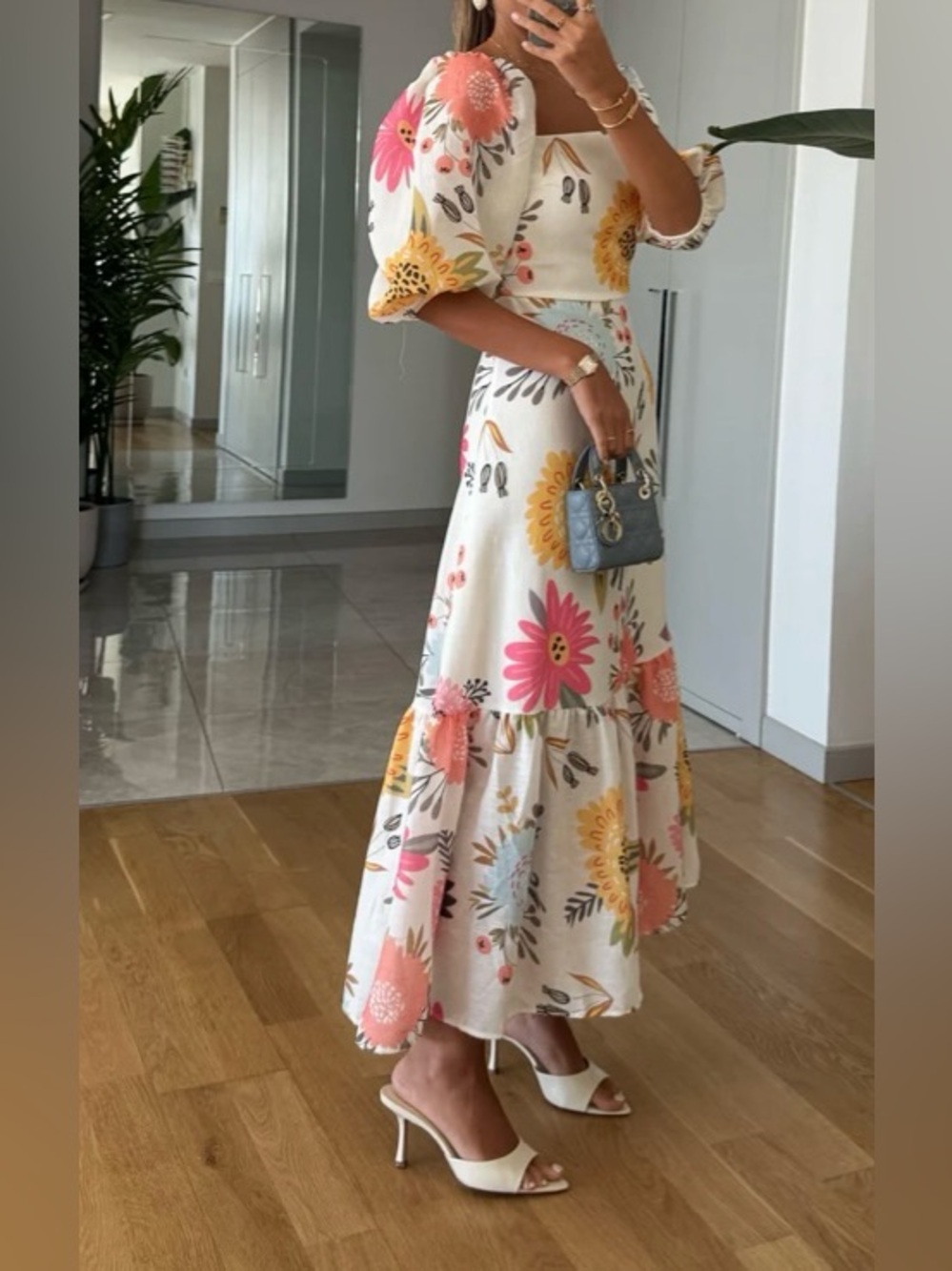 Avery Floral Puff-Sleeve Midi Dress